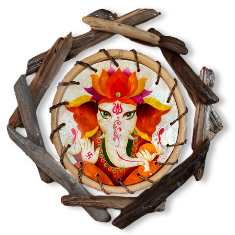 Ganesh - Driftwood Rattan Laminated Capiz Wall Art